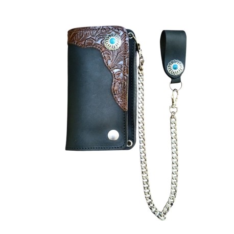 portafoglio medio in pelle  stile western con catena e borchia