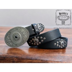 cintura in cuoio nero con fibbia decorata cabochon nero